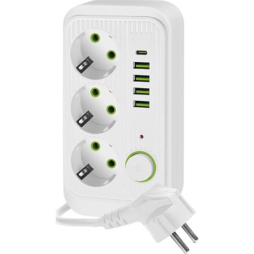 Pistorasianjakaja katkaisimella LINEA 3x230V + 5xUSB A/C SCHUKO 5 m valkoinen