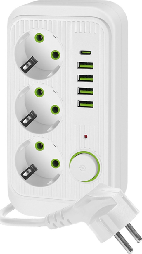 Pistorasianjakaja katkaisimella LINEA 3x230V + 5xUSB A/C SCHUKO 5 m valkoinen