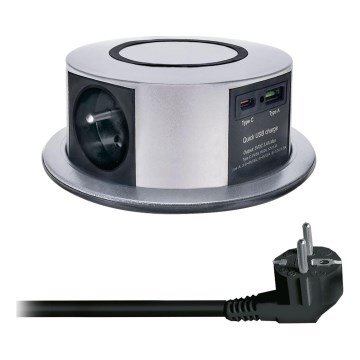 Pistorasiapylväs pöytälevylle langattomalla Qi-latauksella 3x230V + 1xUSB-A + 1xUSB-C hopea/musta