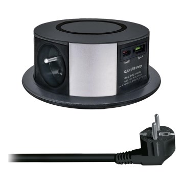 Pistorasiapylväs pöytälevylle langattomalla Qi-latauksella 3x230V + 1xUSB-A + 1xUSB-C musta/hopea