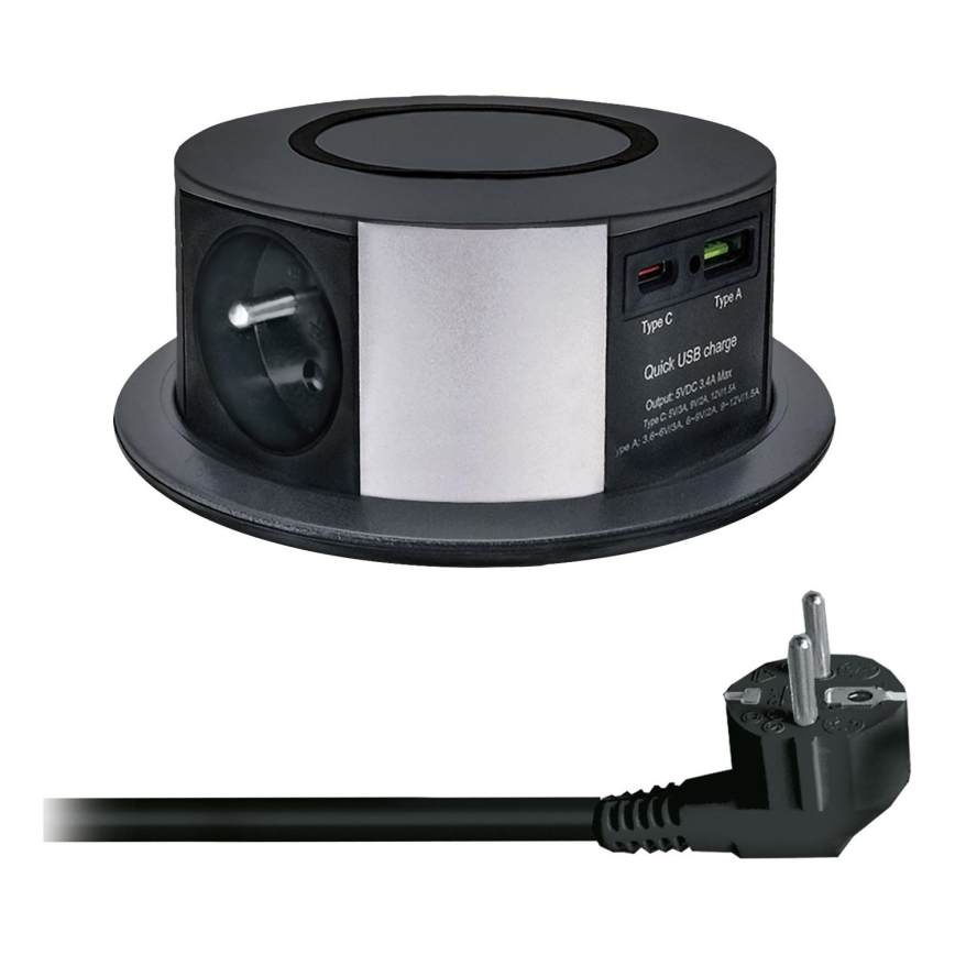 Pistorasiapylväs pöytälevylle langattomalla Qi-latauksella 3x230V + 1xUSB-A + 1xUSB-C musta/hopea