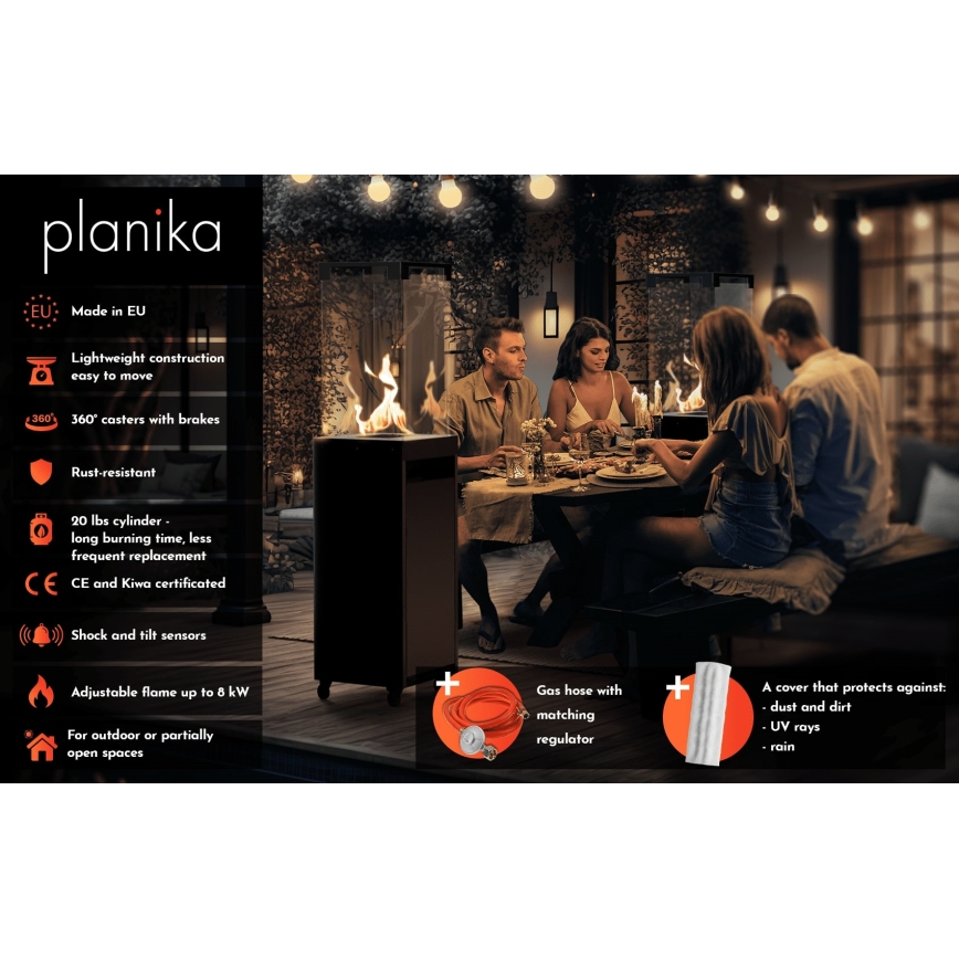 Planika - Ulkotila kaasu takka 142x36 cm 8kW harmaa + suojus