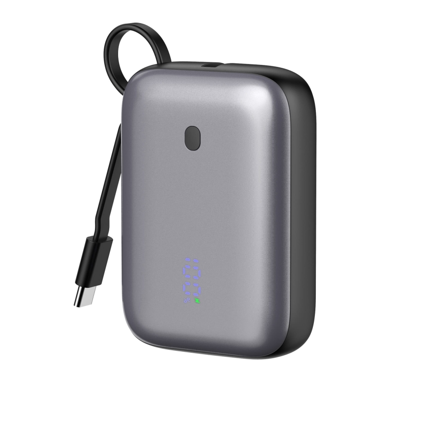 Power Bank 10000 mAh 20W Power Delivery Kompakti sisäänrakennetulla 1 m USB-C-käämitangolla musta