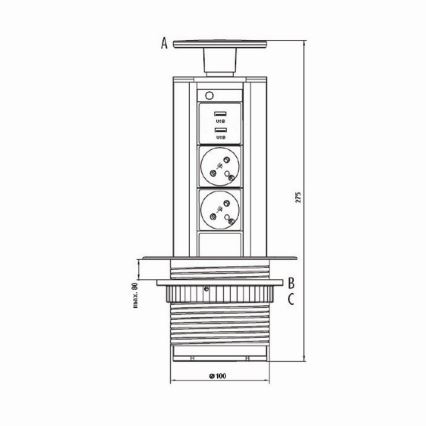 Pöytälevyn liitäntäpylväs 2x230V +USB-A 3,1A +UBS-C 15,5W 230V