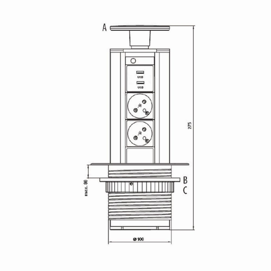 Pöytälevyn liitäntäpylväs 2x230V +USB-A 3,1A +UBS-C 15,5W 230V