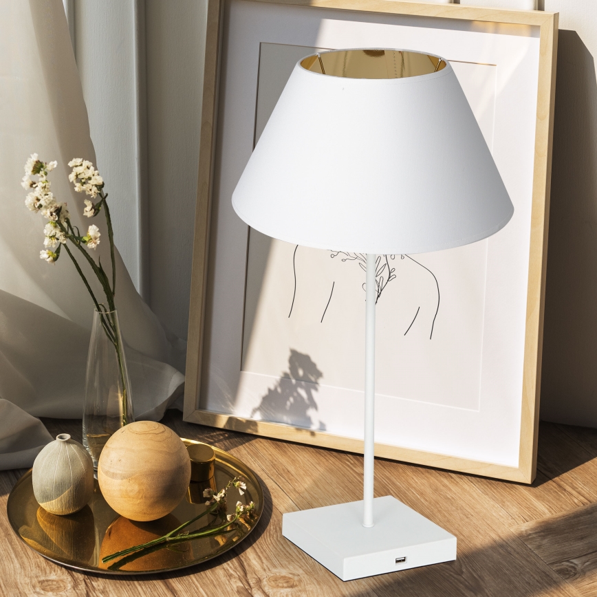 Pöytävalaisin USB-liittimellä 1xE27/60W/230V valkoinen