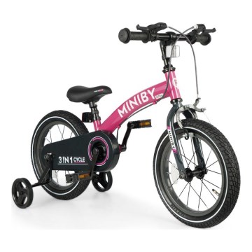 QPlay - Lasten pyörä 14" MINIBY 3in1 vaaleanpunainen