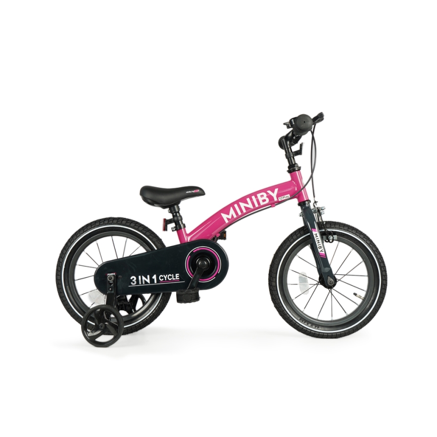 QPlay - Lasten pyörä 14" MINIBY 3in1 vaaleanpunainen