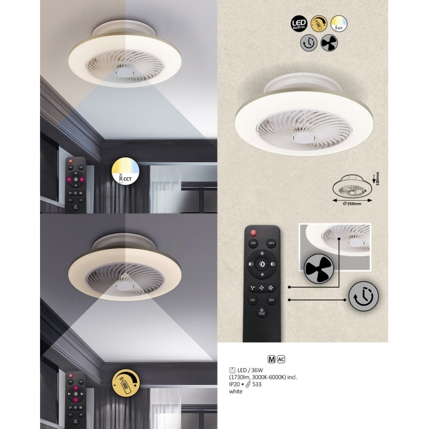 Rabalux 6710 - LED Himmennettävä kattovalaisin tuulettimella DALFON LED/36W/23
