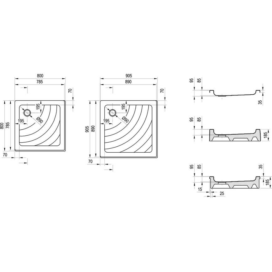 Ravak A007701120 - Neliömäinen suihkuallas ANGELA 90x90 cm valkoinen