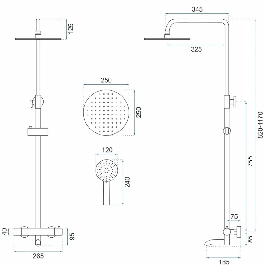 REA-P8807 - Suihkusetti termostaattisella hanalla LUNGO harjattu kupari