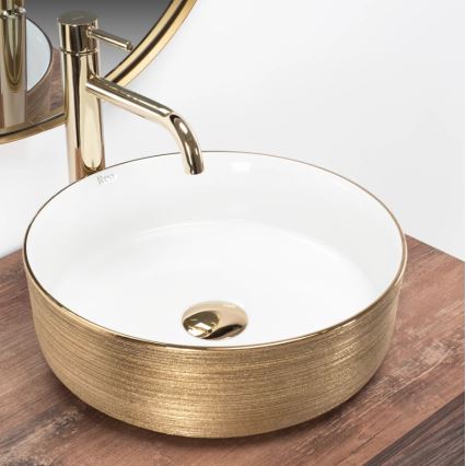 REA-U6630 - SAMI pöytätason pesuallas Ø 36 cm keramiikka/valkoinen/harjattu kulta