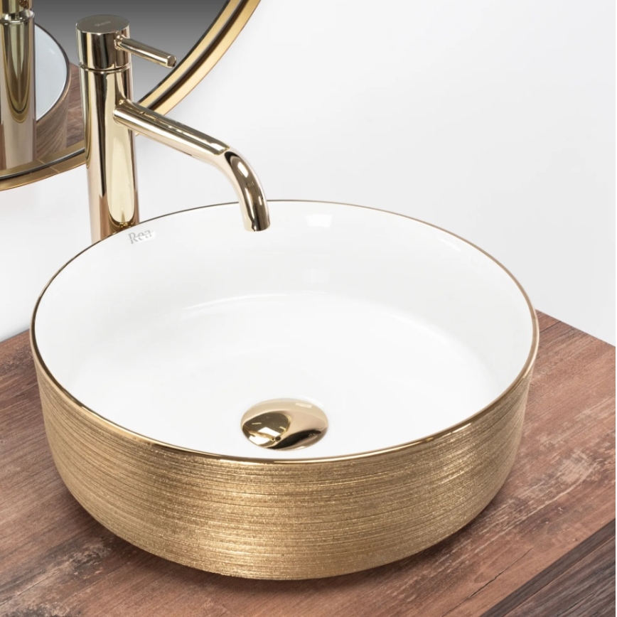 REA-U6630 - SAMI pöytätason pesuallas Ø 36 cm keramiikka/valkoinen/harjattu kulta