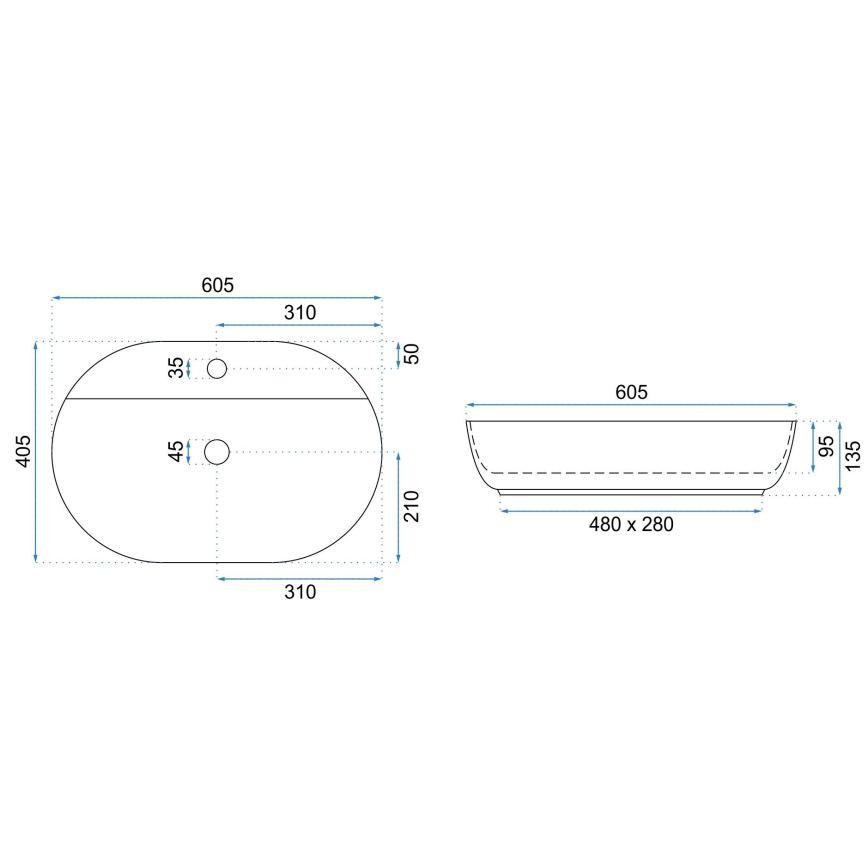 REA-U7900 - Pöytätason pesuallas AURA 40,5x60,5 cm keramiikka/kiiltävä valkoinen