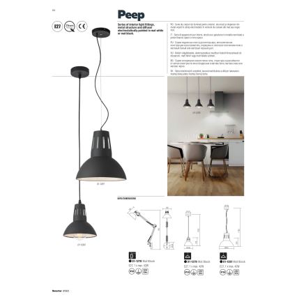 Redo 01-1279 - PEEP-riippuvalaisin vaijerilla 1xE27/42W/230V Ø 16,5 cm musta