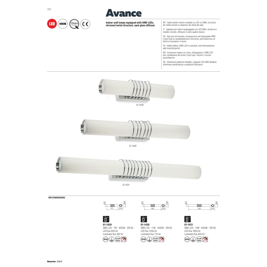 Redo 01-1431 - LED-seinävalaisin AVANCE LED/14W/230V 63 cm valkoinen