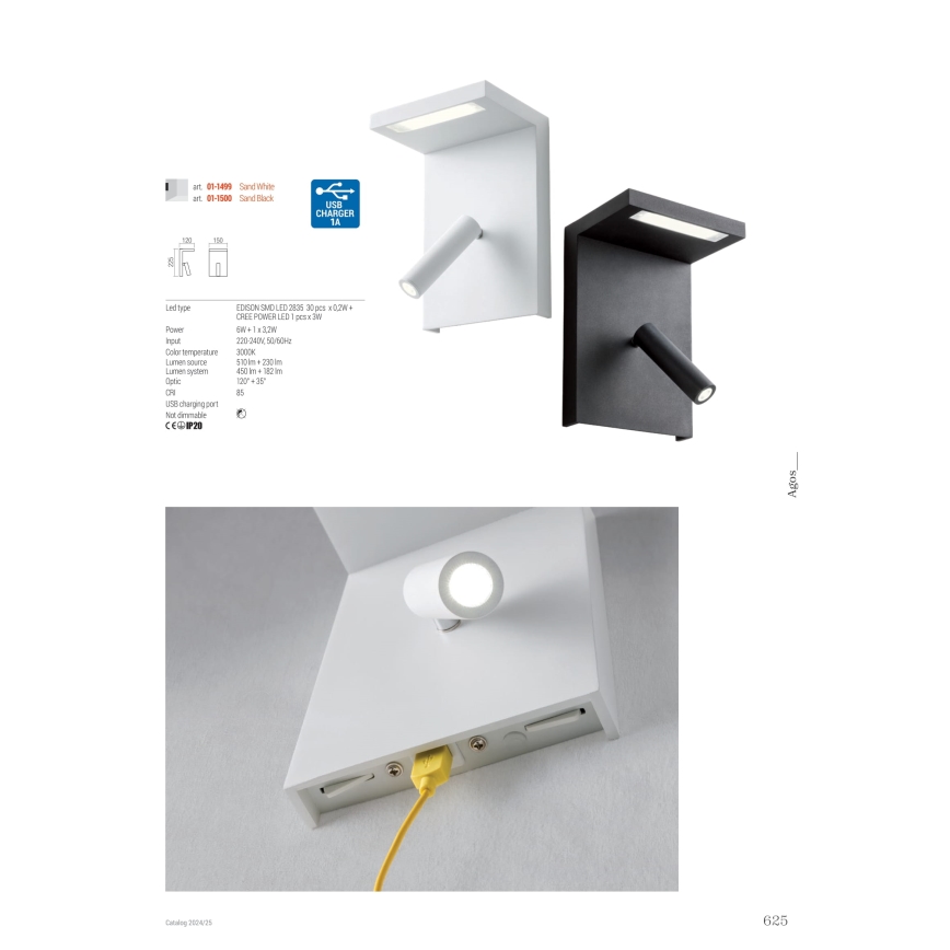 Redo 01-1500 - LED-seinävalaisin AGOS LED/6W/230V + LED/3,2W USB musta