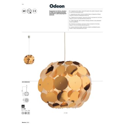 Redo 01-1508 - Kattokruunu johdossa ODEON 1xE27/42W/230V halkaisija 36 cm kulta