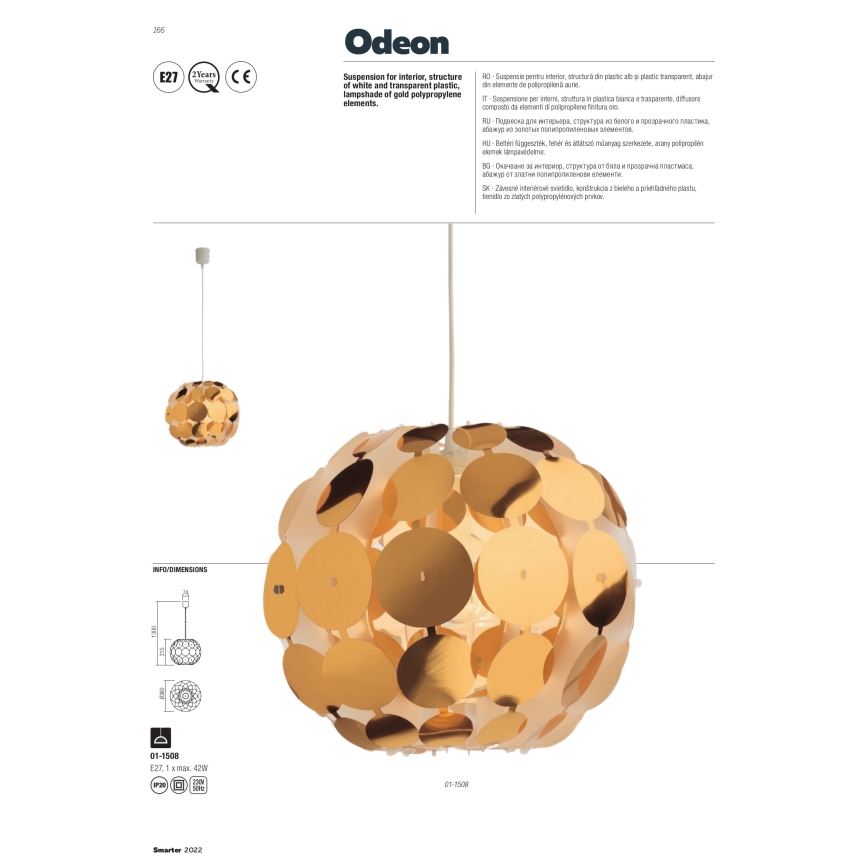 Redo 01-1508 - Kattokruunu johdossa ODEON 1xE27/42W/230V halkaisija 36 cm kulta