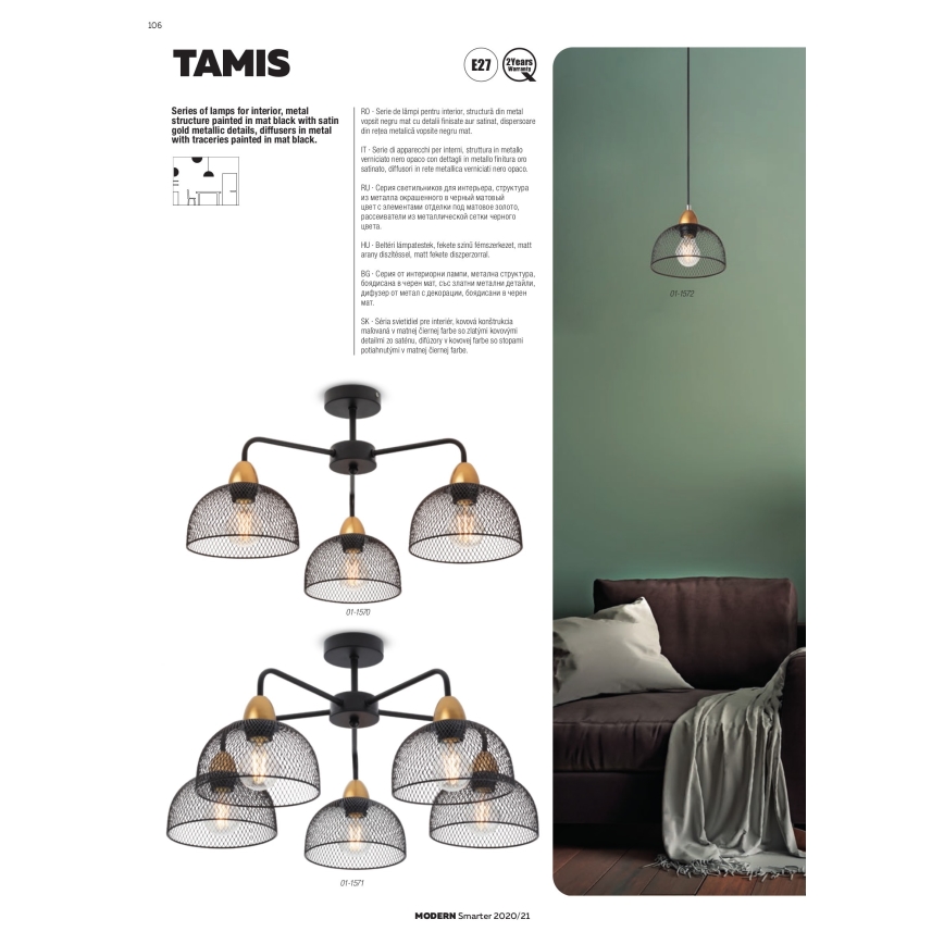 Redo 01-1573 - TAMIS-riippuvalaisin kaapelilla 3xE27/42W/230V, halkaisija 59 cm, musta
