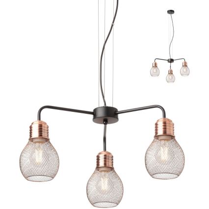 Redo 01-1579 - Vaijerilla ripustettava EDISON-riippuvalaisin 3xE27/42W/230V, halkaisija 53 cm, musta/kupari