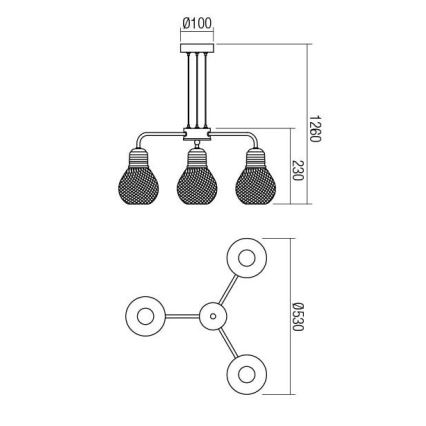 Redo 01-1579 - Vaijerilla ripustettava EDISON-riippuvalaisin 3xE27/42W/230V, halkaisija 53 cm, musta/kupari