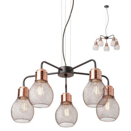 Redo 01-1580 - EDISON-riippuvalaisin kaapelilla 5xE27/42W/230V, halkaisija 53 cm, musta/kuparinvärinen