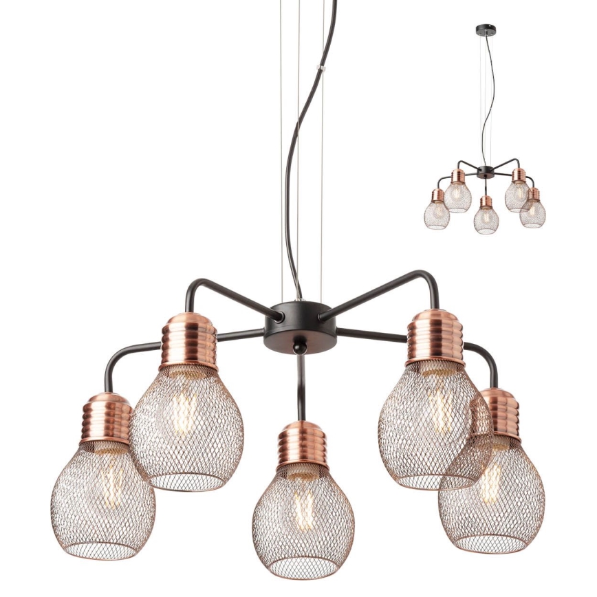 Redo 01-1580 - EDISON-riippuvalaisin kaapelilla 5xE27/42W/230V, halkaisija 53 cm, musta/kuparinvärinen