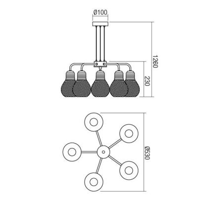 Redo 01-1580 - EDISON-riippuvalaisin kaapelilla 5xE27/42W/230V, halkaisija 53 cm, musta/kuparinvärinen