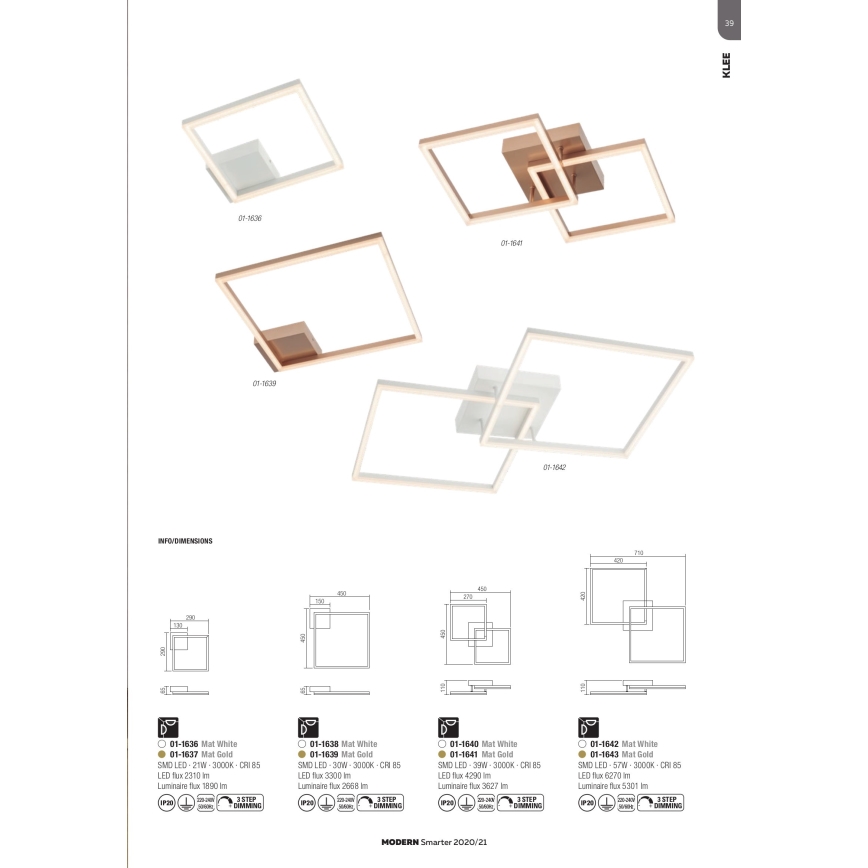 Redo 01-1639 - KLEE himmennettävä LED-kattovalaisin LED/30W/230V 45x45 cm, kultainen