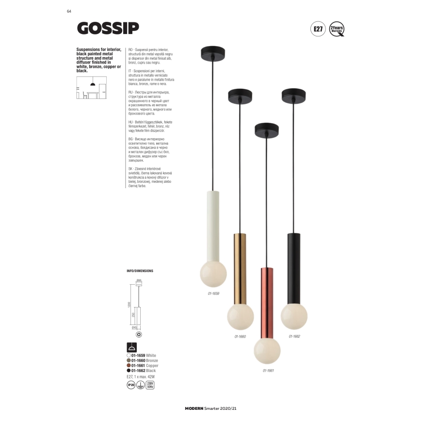 Redo 01-1661 - Kattokruunu johdossa GOSSIP 1xE27/42W/230V kupari