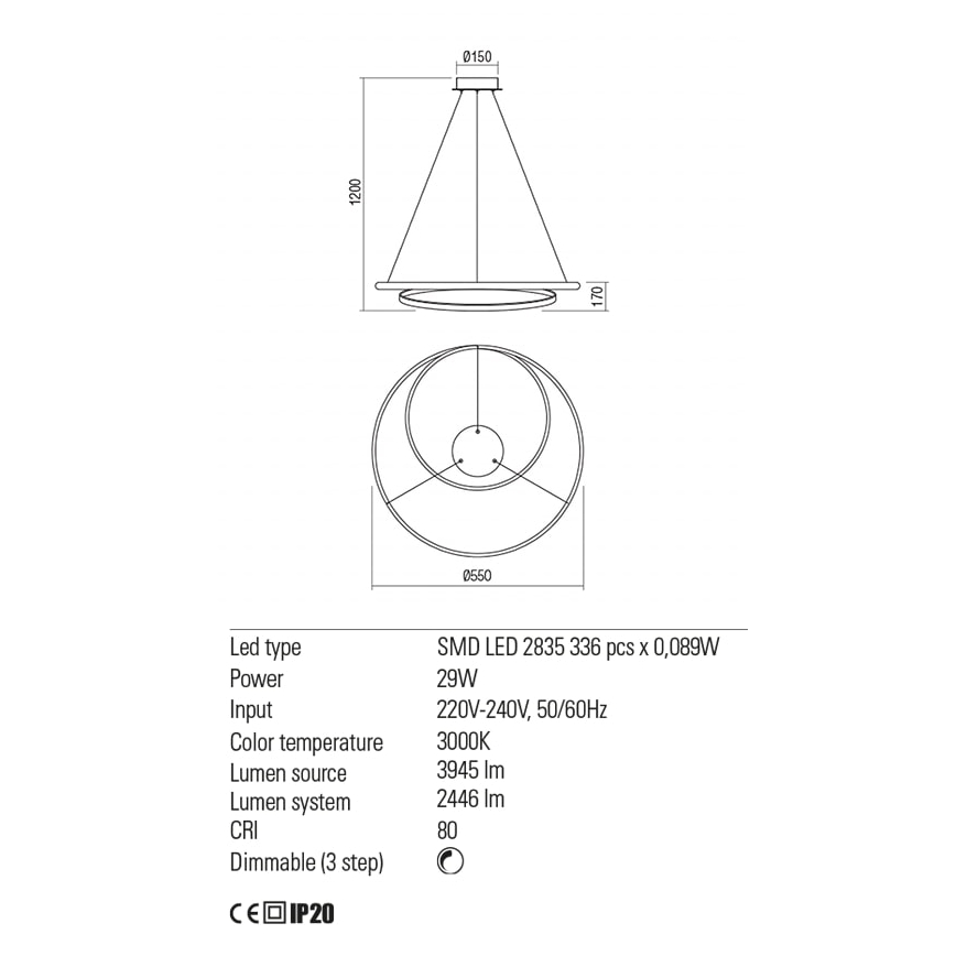 Redo 01-1793 - Himmennettävä LED-kattokruunu johdossa TORSION LED/29W/230V halkaisija 55 cm valkoinen