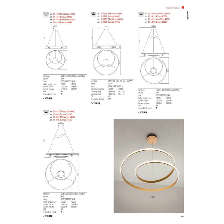 Redo 01-1796 - LED-kattokruunu narussa TORSION LED/40W/230V