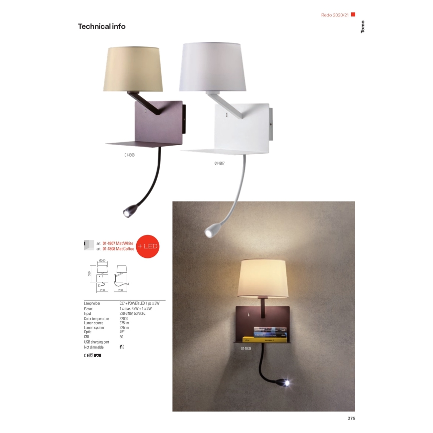 Redo 01-1807 - LED-seinävalaisin kanssa flexible pieni lamppu TOMO 1xE27/42W/230V + LED/3W/230V valkoinen