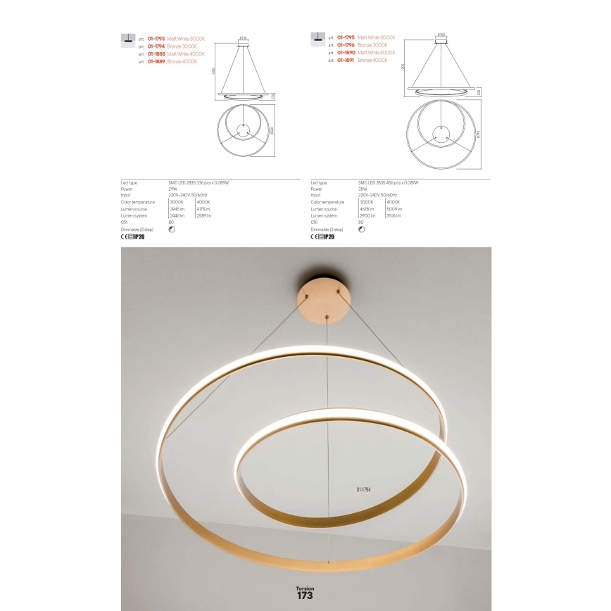 Redo 01-1889 - LED-himennettävä riippuvalaisin vaijerilla TORSION LED/29W/230V 4000K halkaisija 55 cm pronssinvärinen