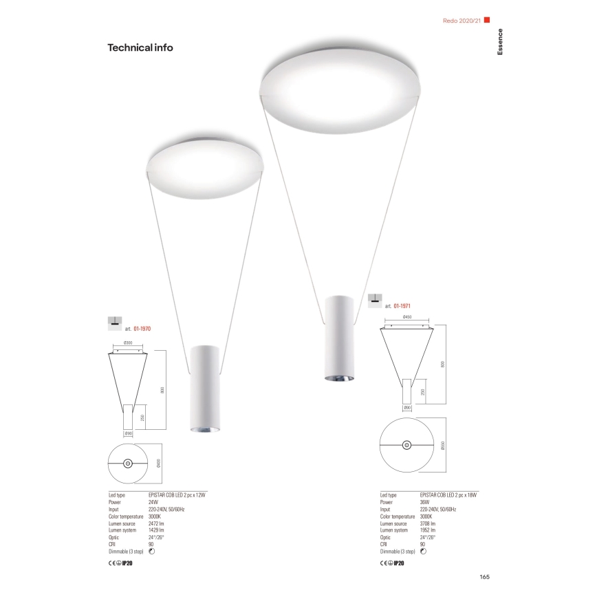 Redo 01-1971 - Himmennettävä LED-kattokruunu johdossa ESSENCE LED/36W/230V CRI 90 3000K valkoinen