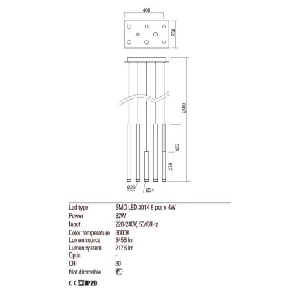 Redo 01-2047 - LED-kattokruunu johdossa MADISON 8xLED/4W/230V kupari