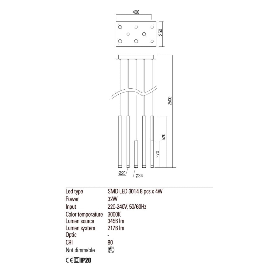 Redo 01-2047 - LED-kattokruunu johdossa MADISON 8xLED/4W/230V kupari