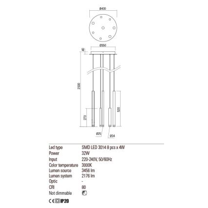 Redo 01-2053 - LED-kattokruunu johdossa MADISON 8xLED/4W/230V kiiltävä kromi/musta/kupari