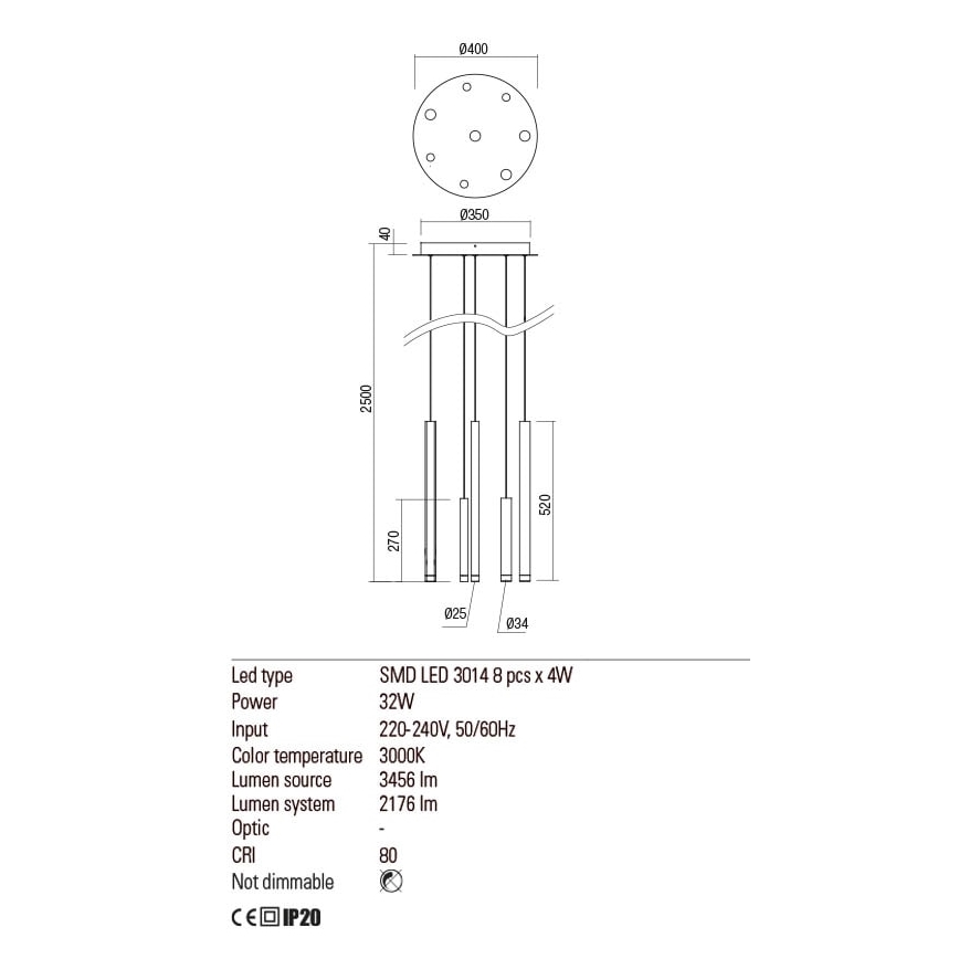 Redo 01-2053 - LED-kattokruunu johdossa MADISON 8xLED/4W/230V kiiltävä kromi/musta/kupari
