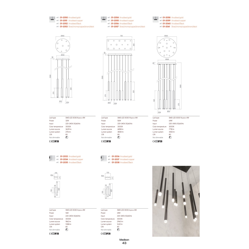 Redo 01-2054 - LED-kattokruunu johdossa MADISON 14xLED/4W/230V kulta