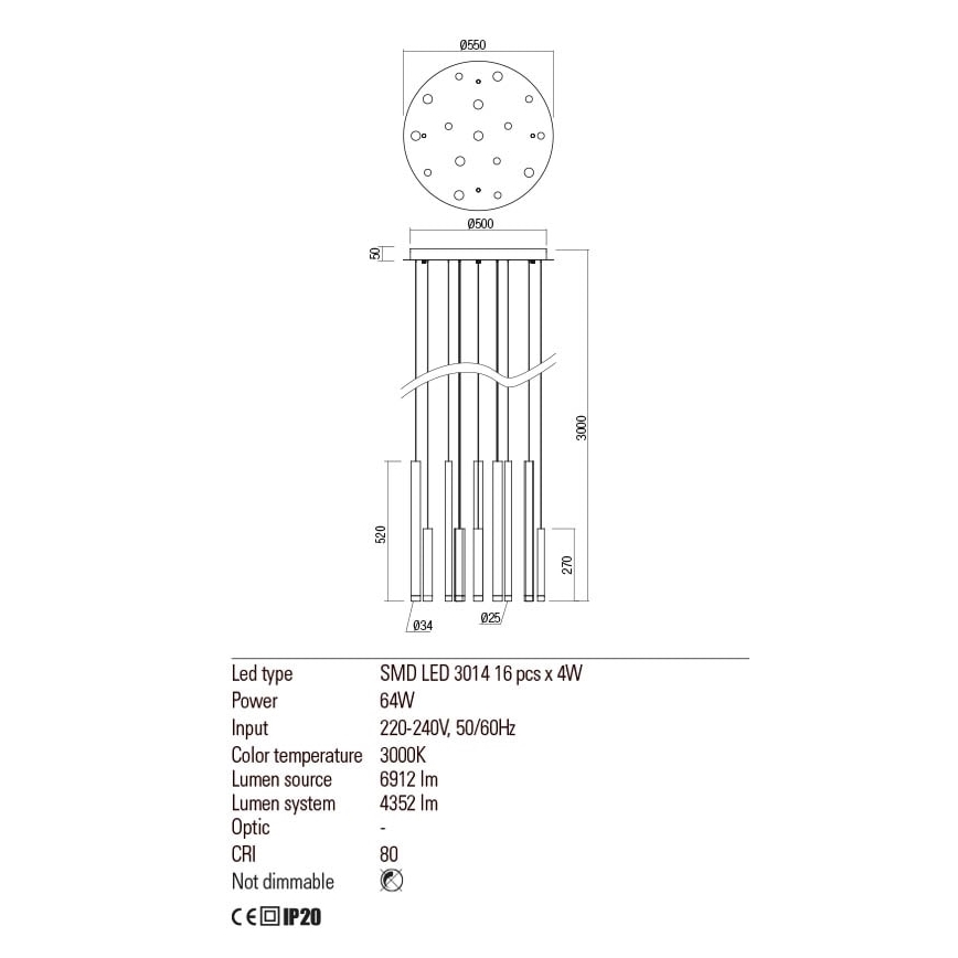 Redo 01-2059 - LED-kattokruunu johdossa MADISON 16xLED/4W/230V kupari