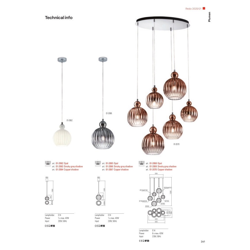 Redo 01-2070 - Kattokruunu johdossa PLUMEN 6xE14/42W/230V kupari
