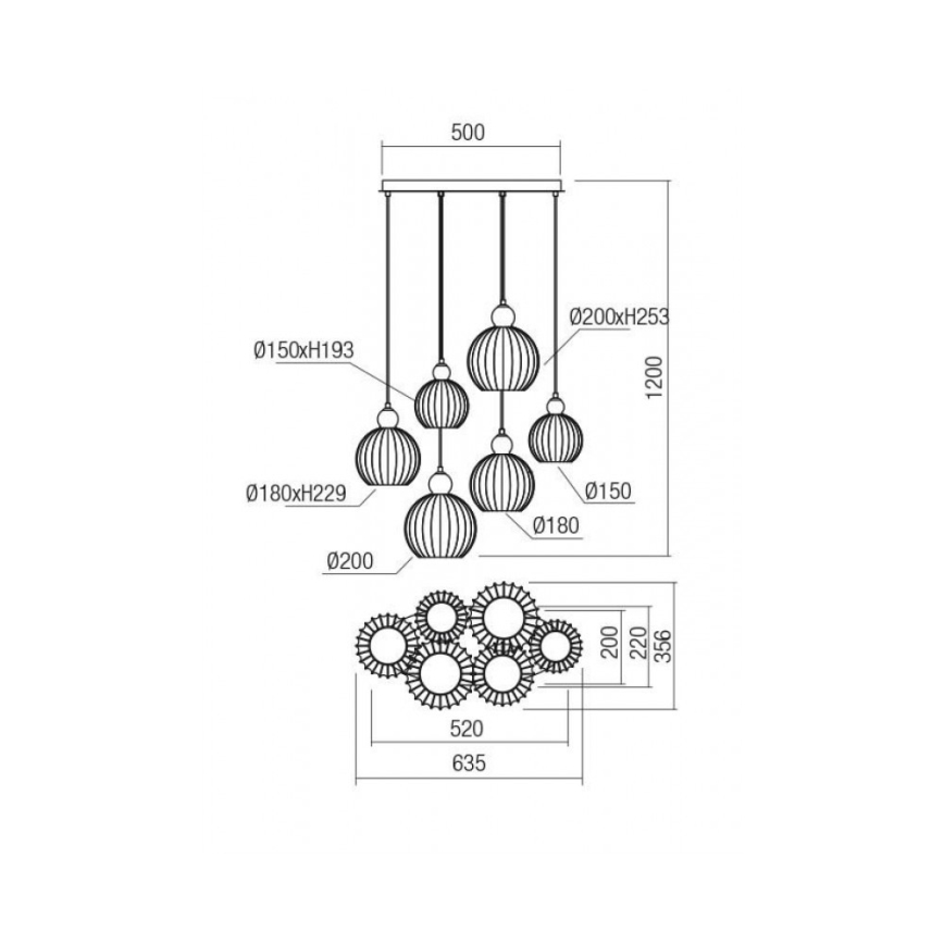 Redo 01-2070 - Kattokruunu johdossa PLUMEN 6xE14/42W/230V kupari
