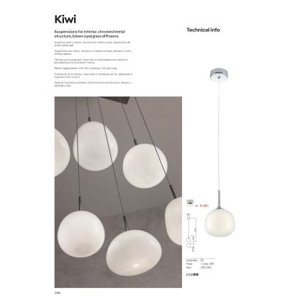 Redo 01-2081 - Riippuvalaisin vaijerilla KIWI 1xG9/40W/230V Ø 12 cm kiiltävä kromi/valkoinen