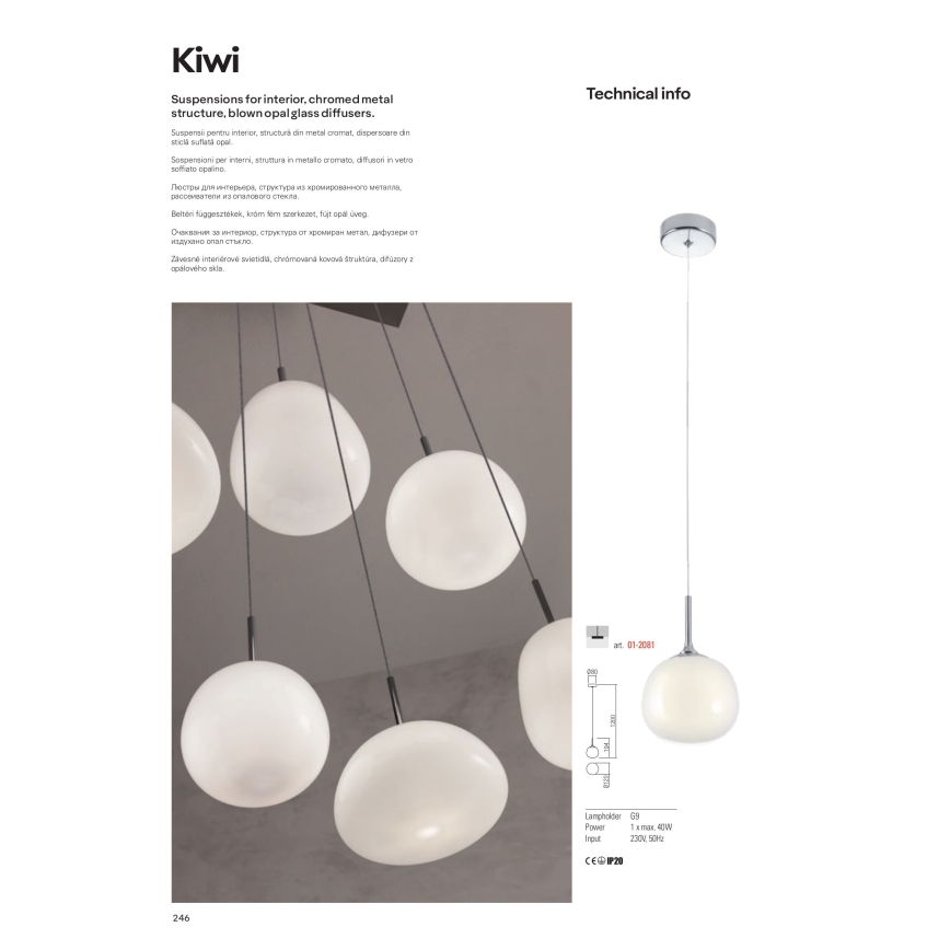 Redo 01-2081 - Riippuvalaisin vaijerilla KIWI 1xG9/40W/230V Ø 12 cm kiiltävä kromi/valkoinen