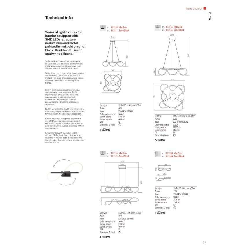 Redo 01-2110 - Himmennettävä LED-kattokruunu johdossa CORRAL LED/40W/230V 3000K kulta