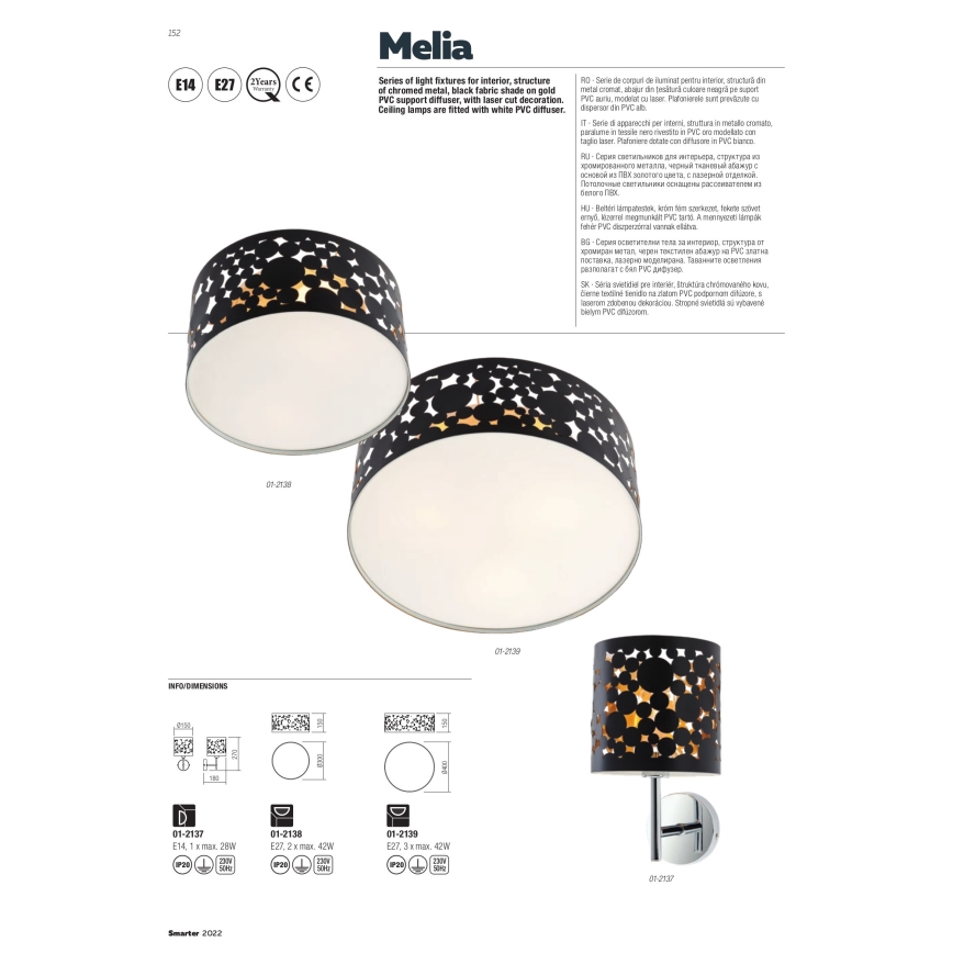 Redo 01-2138 - Kattovalo MELIA 2xE27/42W/230V halkaisija 30 cm