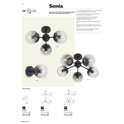 Redo 01-2175 - SEMIA-seinävalaisin 1xE14/28W/230V, musta/savunvärinen
