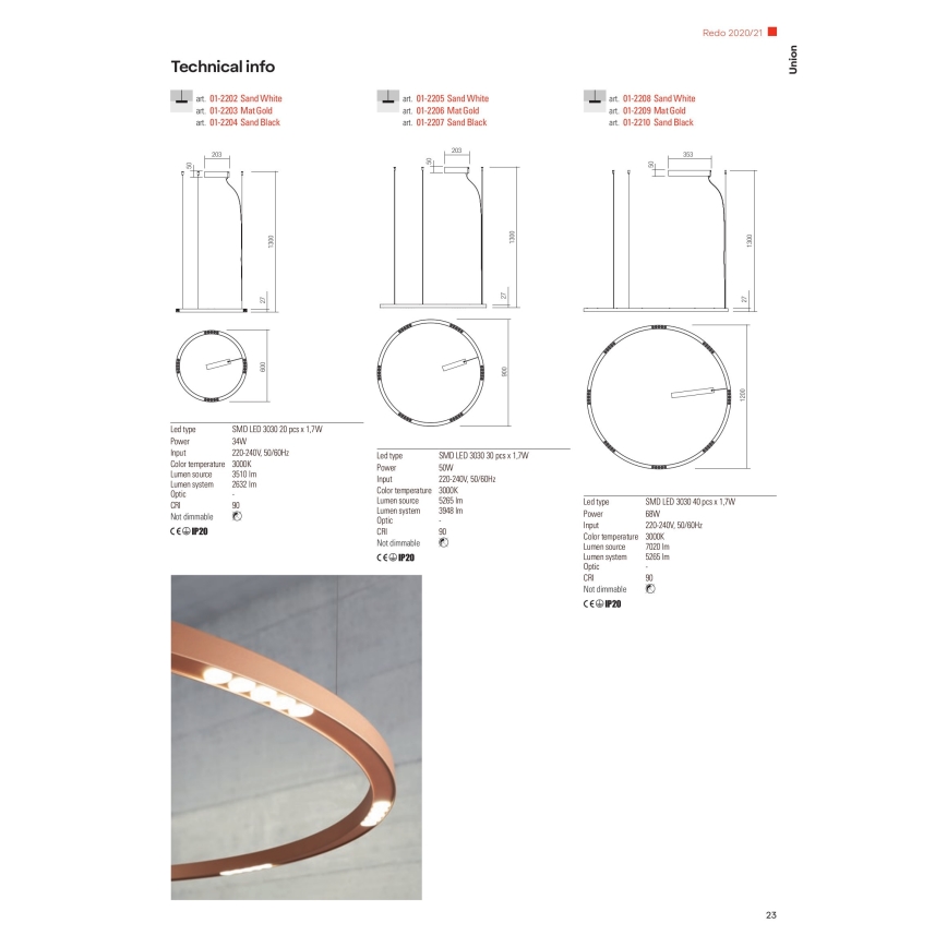 Redo 01-2207 - LED-kattokruunu johdossa UNION LED/50W/230V CRI 90 3000K halkaisija 90 cm musta